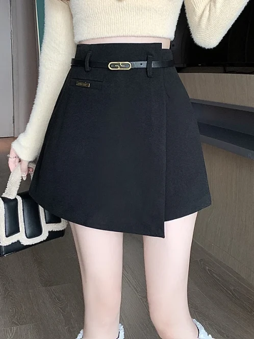 jupe courte en laine asym trique avec ceinture pour dames pantalons courts pais taille haute d 4