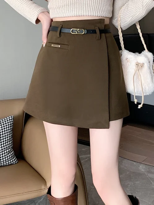 jupe courte en laine asym trique avec ceinture pour dames pantalons courts pais taille haute d