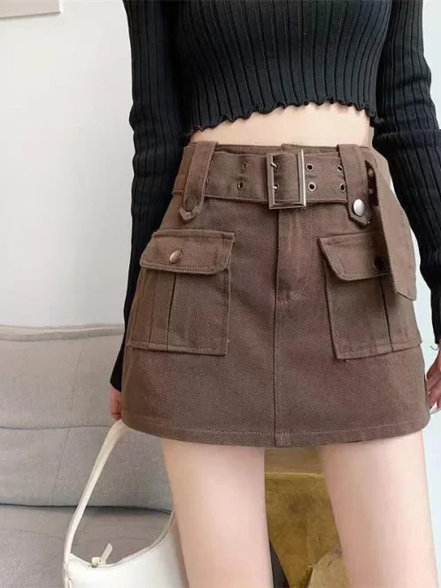 mini jupe cargo en denim vert pour femme pantalon court taille haute grande poche ceinture vintage 1