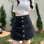 mini jupe en jean bleu pour femme style cor en simple boutonnage vintage taille haute t