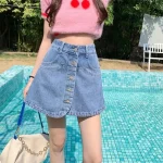 mini jupe en jean bleu pour femme style cor en simple boutonnage vintage taille haute t 4