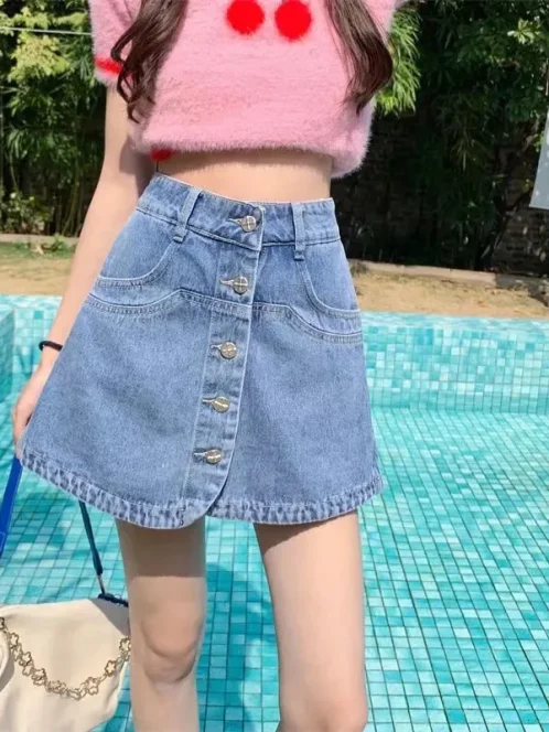 mini jupe en jean bleu pour femme style cor en simple boutonnage vintage taille haute t 4